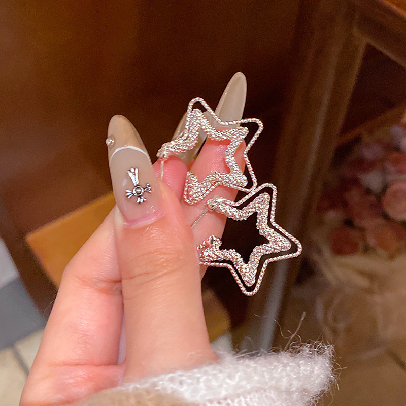 双层碎冰冰满天星耳环女轻奢小众设计感波光粼粼五角星耳钉耳饰品
