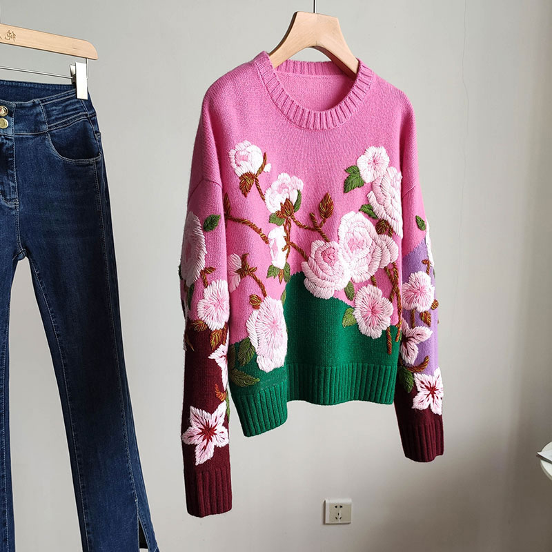 European style street Autumn Sweater! Heavy industry three-dimensional hand-feeling flowers! Loose lazy cashmere fashion delivery