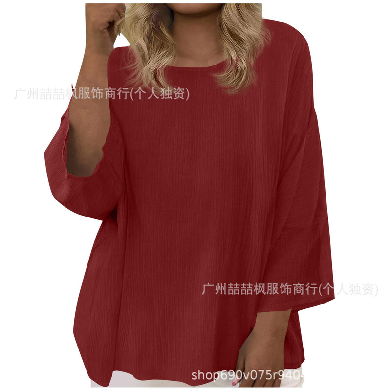 Plus-Size Women's Round-Neck Fashionable Faux Cotton-Linen Double-Layered Ruched 3/4 Sleeve Solid Color Pullover Top