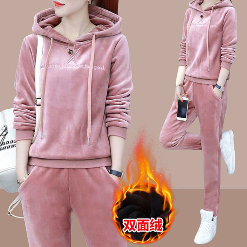 Gold Velvet Suit 400g Thickeneded Casual Sports Suit Women's Autumn and Winter Thickeneded Velvet Two-Piece Set Ready for Sale