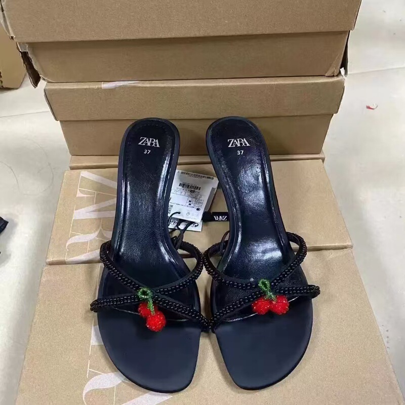 Za2025 Summer New Fashion High-Heeled Women's Shoes Beaded Cherry Pendant Black Stiletto Open Toe Women's Shoes