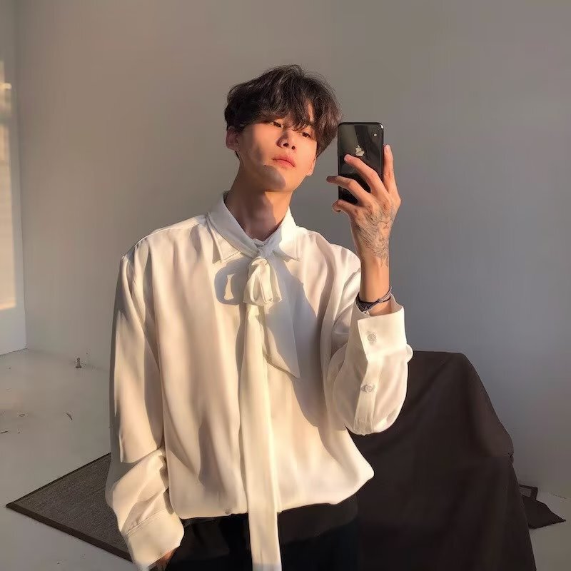 2023 Four Seasons All-match White Shirt Men's Korean Style Loose All-match Simple Fresh Chiffon Bow Tie Long-sleeve Casual Shirt