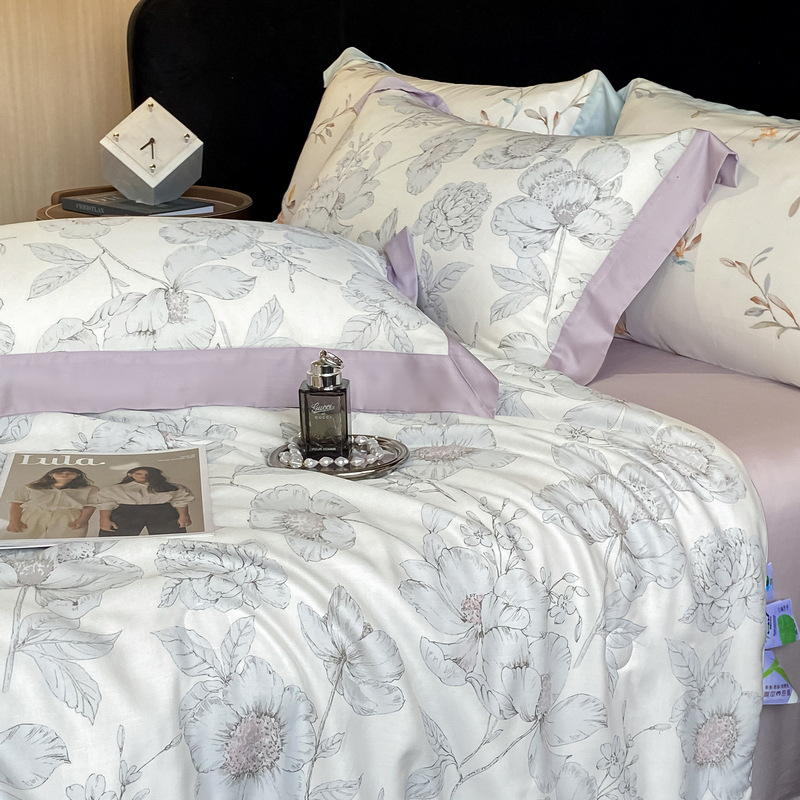 Class A 100 Laiser Tian Silk Printed Summer Quilt Four-piece Set Ice Silk Machine Washable Light Luxury Air Conditioner Naked Sleeping Feeling