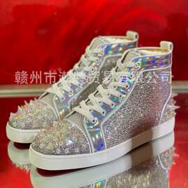 cl andgz男鞋幻彩皮烫钻钉高帮红底鞋水晶钻鞋女鞋情侣板鞋海参鞋