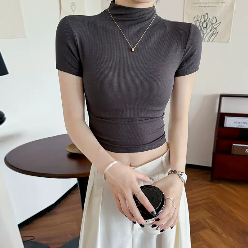 粉色半高领短袖t恤女夏薄款针织显瘦修身打底衫短款露脐正肩上衣