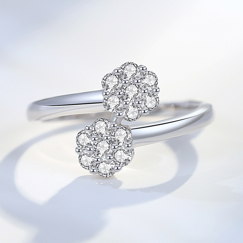 925银戒指女 韩版双花朵镶钻设计手指环 莫桑石钻戒 厂家直供批发