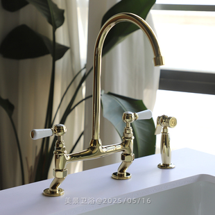 ✅ French-Style Retro All-Copper Bridge-Type Double-Hole Double-Open Kitchen Sink Hot and Cold Rotatable Gold Faucet