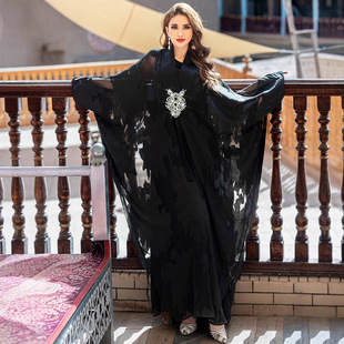 Ba5212 Middle Eastern Style Luxury Embroidered Black Jacquard Bat Shirt Tassel Abaya Large Size Loose Elegant Robe