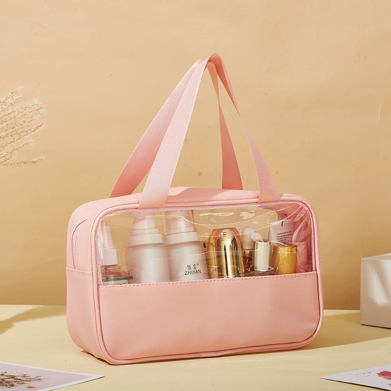 Capacious waterproof cosmetic bag PVC, polyurethane handheld organizer bag for traveling
