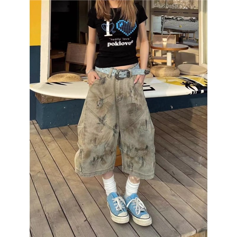 American Vibe Dirty Dyed Khaki Cropped Jeans for Men and Women in Summer with Ink Wash and Distressed Wide-Leg Slimming Look Mid-Pants