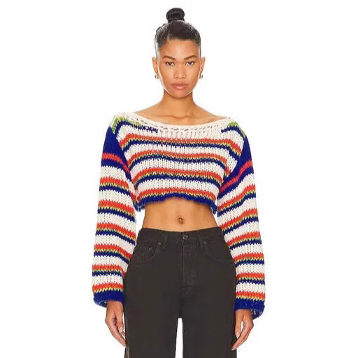 Cross-Border European and American 2025 New Women's Clothing Contrasting Rainbow Stripesd Knitwear Long-Sleeved Short Knitwear