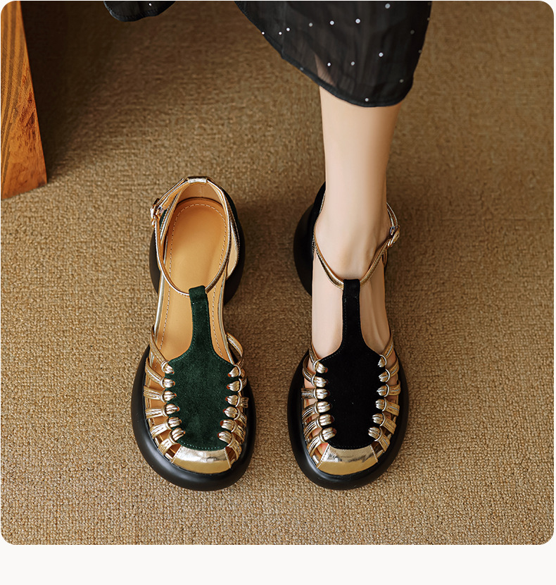 Sandal nữ quai ngang dệt mảnh da lộn, gót vuông ổn định, đế dày ghép màu — Màu đen chi tiết 2