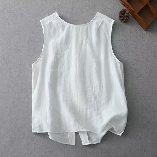 Cotton and linen simple style sleeveless women's summer V-neck top with single button, two-way design, suitable for wearing casually.
