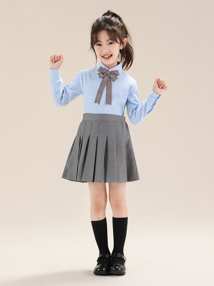 Traje de falda plisada estilo universitario para niños, camisa azul de manga larga para niñas de primavera y otoño, traje de actuación para niñas de escuela primaria