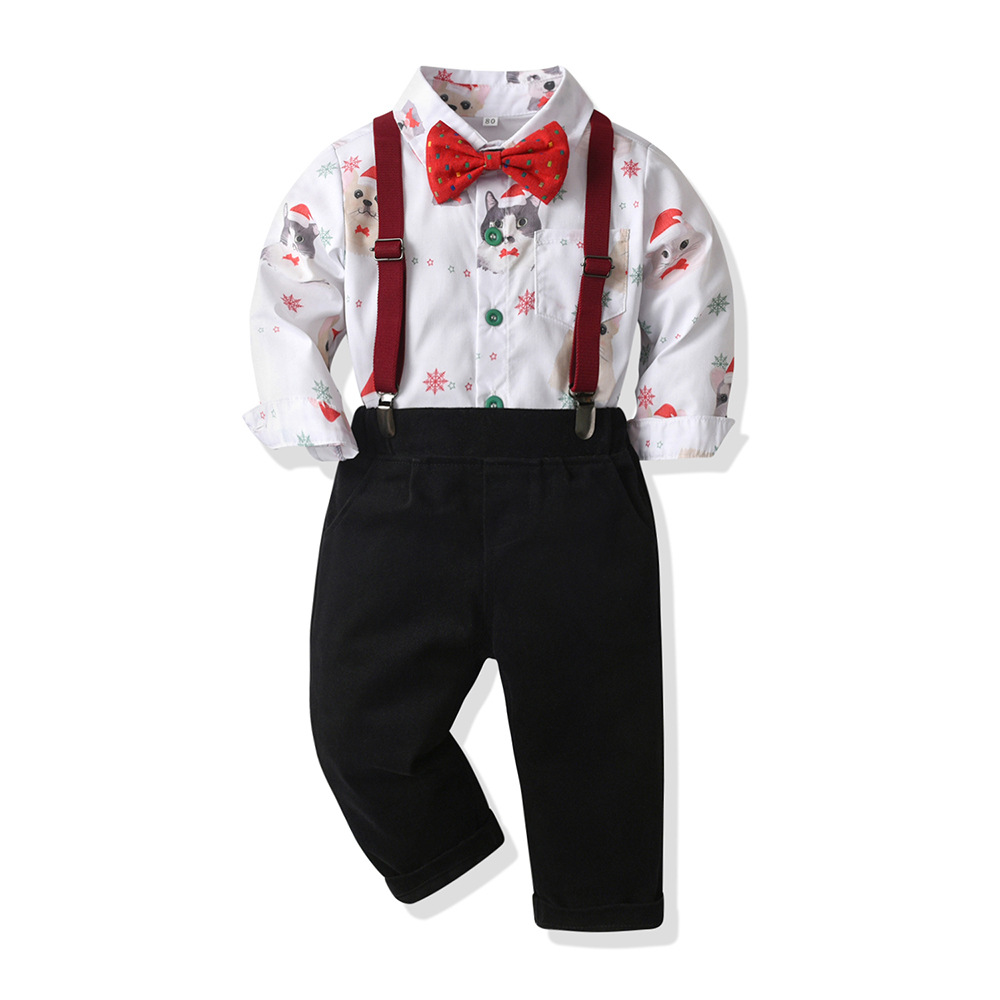 Christmas traje de niño europeo y americano estampado de animales manga larga camisa de Navidad con tirantes traje de dos piezas para niños