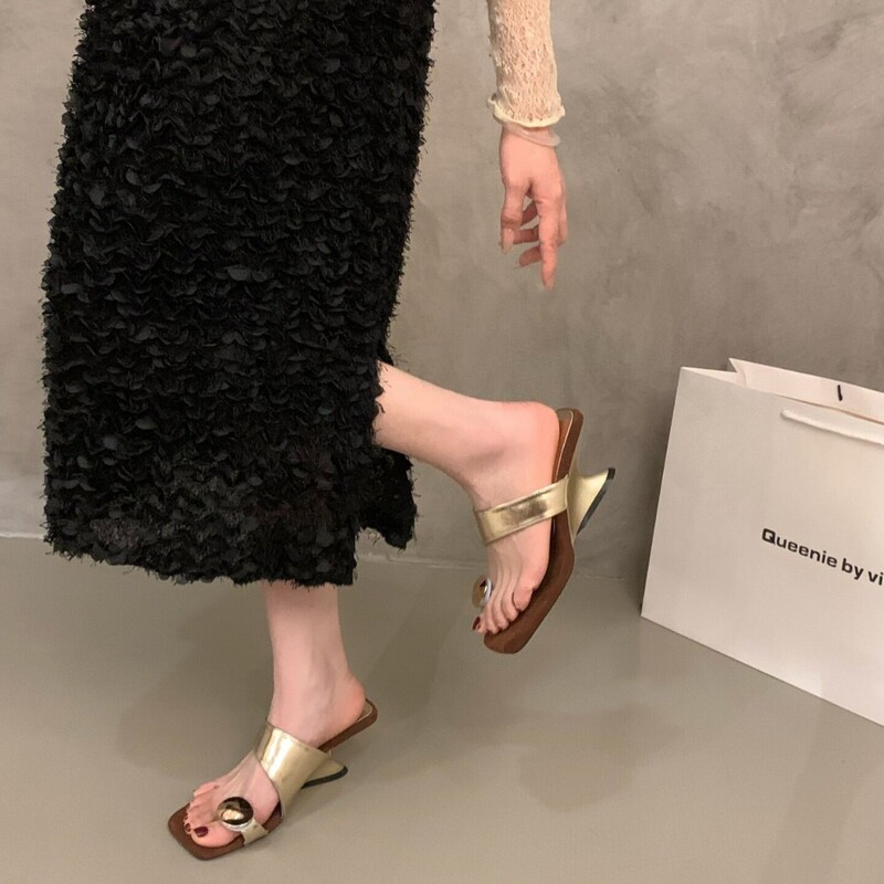 Wedge High Heels, Gold Slip-On Slippers, Fairy Shoes, 2026 New Summer French-Style Small Sandals, Silver Sandals
