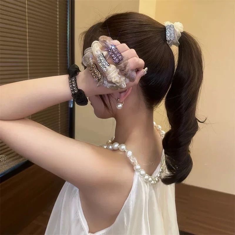 Mesh cuadrado diamante anillo de pelo intestino grueso coreano atado cabello delicado cuerda de cabeza mujer 2025 nuevo cinturón de cuerda de cabello de alta calidad