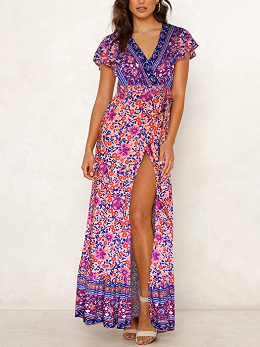 Summer Best-selling Women's Clothing, Wish Hot-selling Bohemian Printed , Short-sleeved Beach Vacation Long_ecoleips.com