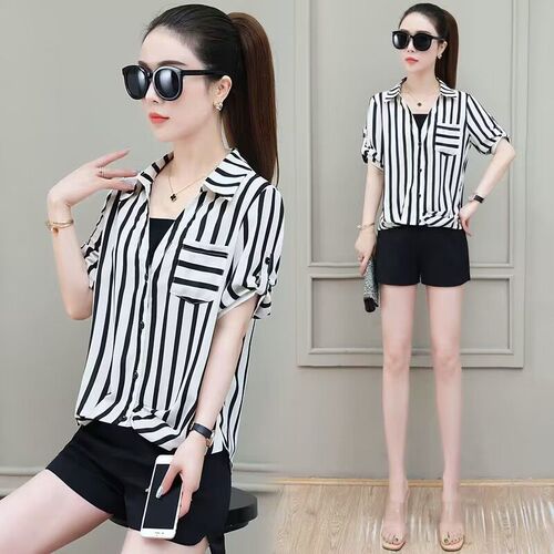 Striped chiffon blouse summer 2024 new fashion western temperament false two-piece top this year's popular age-reducing top trendy