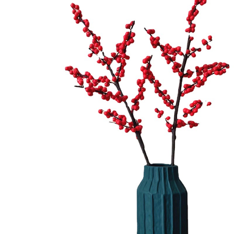 Decoración de barril de bendición de año nuevo, decoración de jarrón de fruta roja de acebo de América del Norte, fruta de acebo, flor de año nuevo, flor de flor, simulación de hogar, acebo