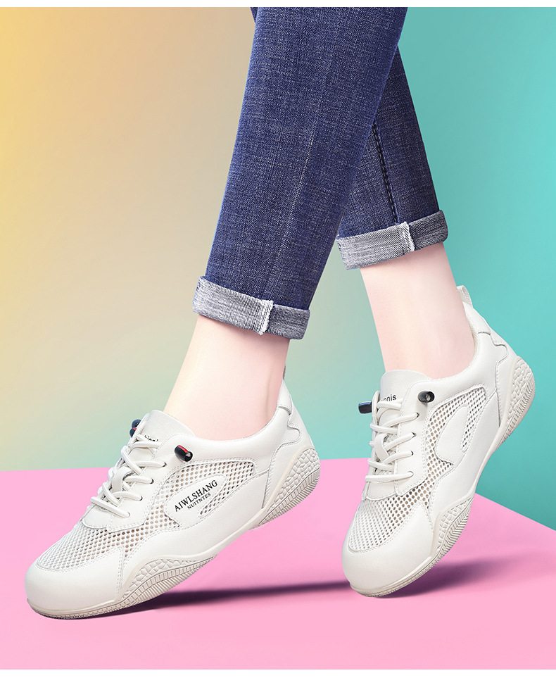 Giày sneaker nữ da thật trắng đế mỏng lưới thoáng khí mùa hè 2025 — Màu be L58109KAY, TrắngL58109KAY chi tiết 5