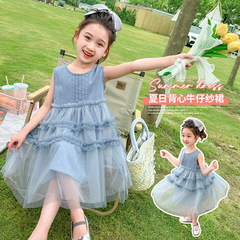 2024 New Arrival Summer Dress for Girls: Stylish Little Girl Vest with Denim Yarn Skirt—Sweet Princess Gown for Toddlers and Young Children