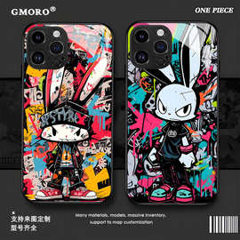 创意涂鸦兔手机壳苹果15玻璃壳14pro保护套iPhone13国产适用三星