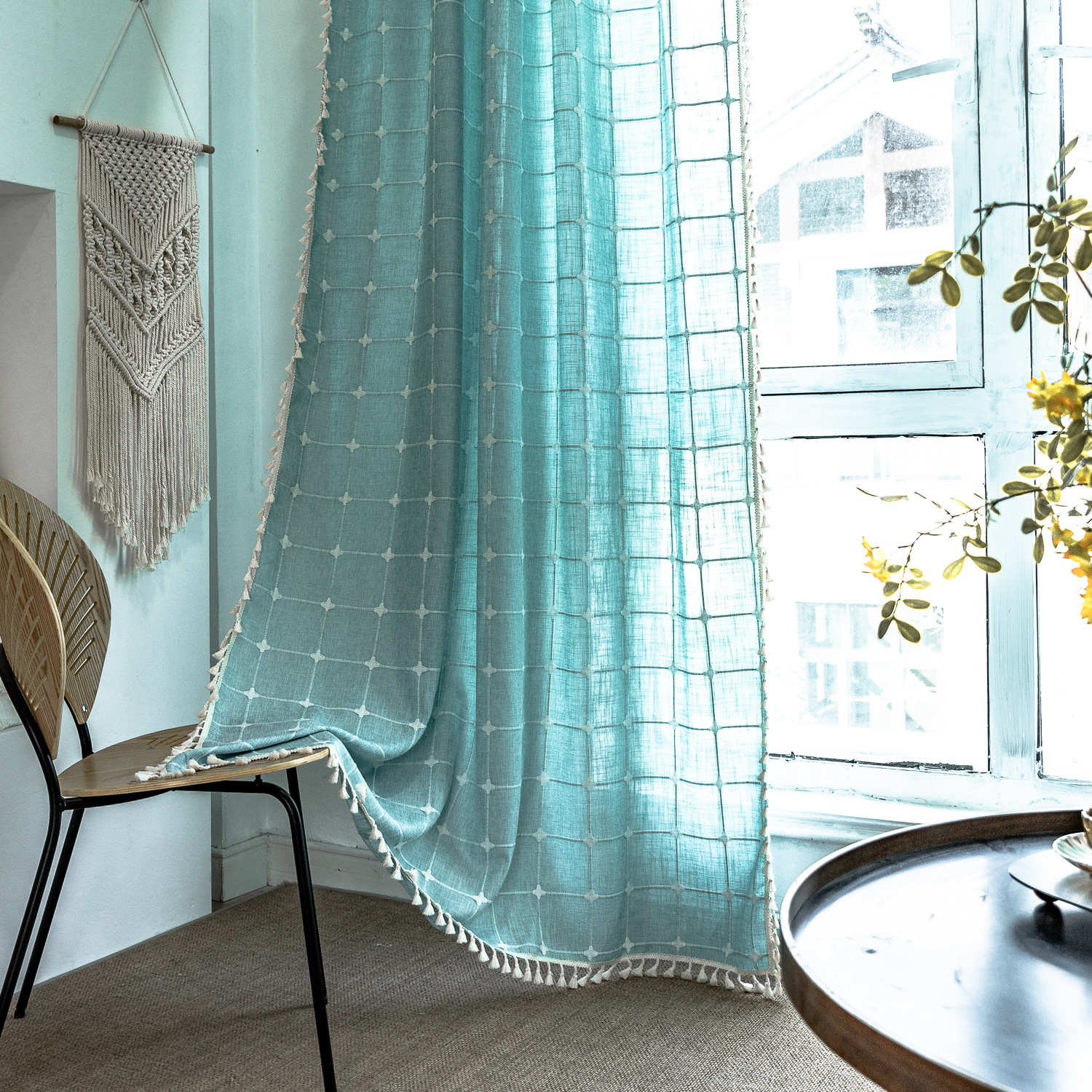 펀치-7 옥 그린. 수 놓은 중간 격자 무늬