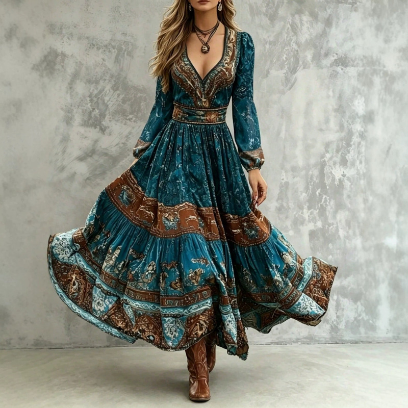 Vintage ethnic-style printed long-sleeve dress, bohemian V-neck, fitted waist, and flowing skirt, perfect for beach vacations and outings
