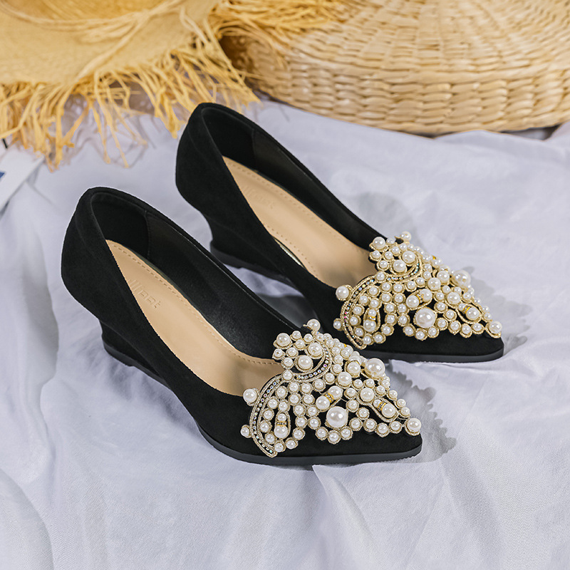 Wedge Pointed Shoes Women's 2023 Spring and Autumn New Pearl Shallow Women's Shoes High Heel Black Professional Chunky Heel Single-layer Shoes for Women