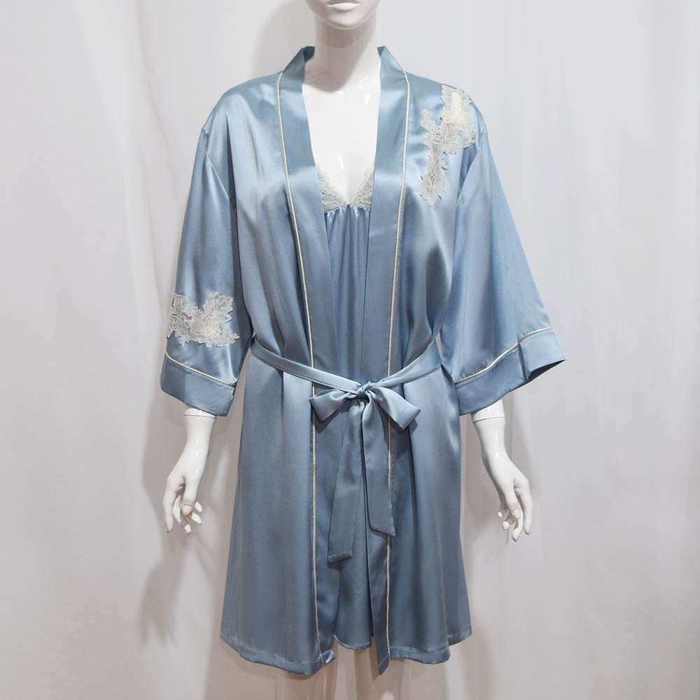 blue Heavy Real silk camisole Nightdress Two piece set sexy Lace dressing gown summer mulberry silk robe Home Furnishings