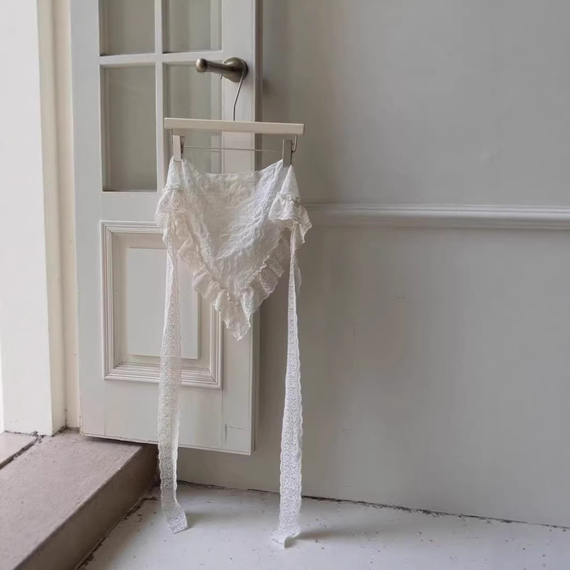 Real Shot of 2025 Korean Dongdaemun Vintage Lace Trim Silk Scarf Headscarf Layered Triangle Scarf Half Skirt Cover-Up Real Shot of 2025 Korean Dongdaemun Vintage Lace Trim Silk Scarf Headscarf Layered Triangle Scarf Half Skirt Cover-Up