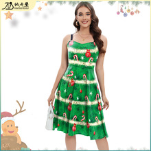新品糖果圣诞裙子2024欧美跨境新品绿色数码印花连衣裙吊带裙子女