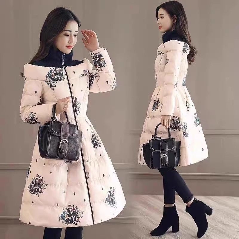 2025冬季富家千金羽绒棉服女中长款一字肩中式富贵花棉衣外套棉袄