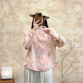 新中式苎麻刺绣盘扣衬衫女 文艺复古七分袖宽松圆领上衣国风夏装