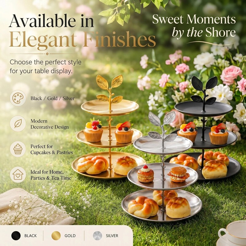 Exquisite Leaf-Shaped Stainless Steel Multi-Layer Skewer Plate for Home Afternoon Tea, Dessert Plate for Banquets and Parties, Fruit Display Stand