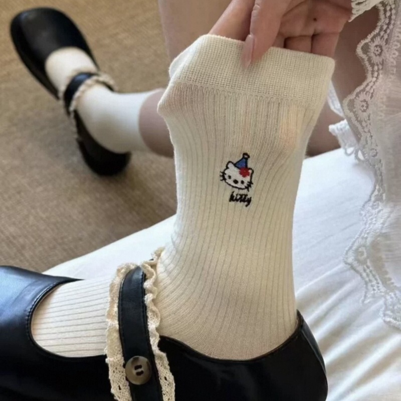 春秋可爱卡通KT猫咪袜子女中筒袜ins潮日系白色外穿百搭少女长袜|undefined