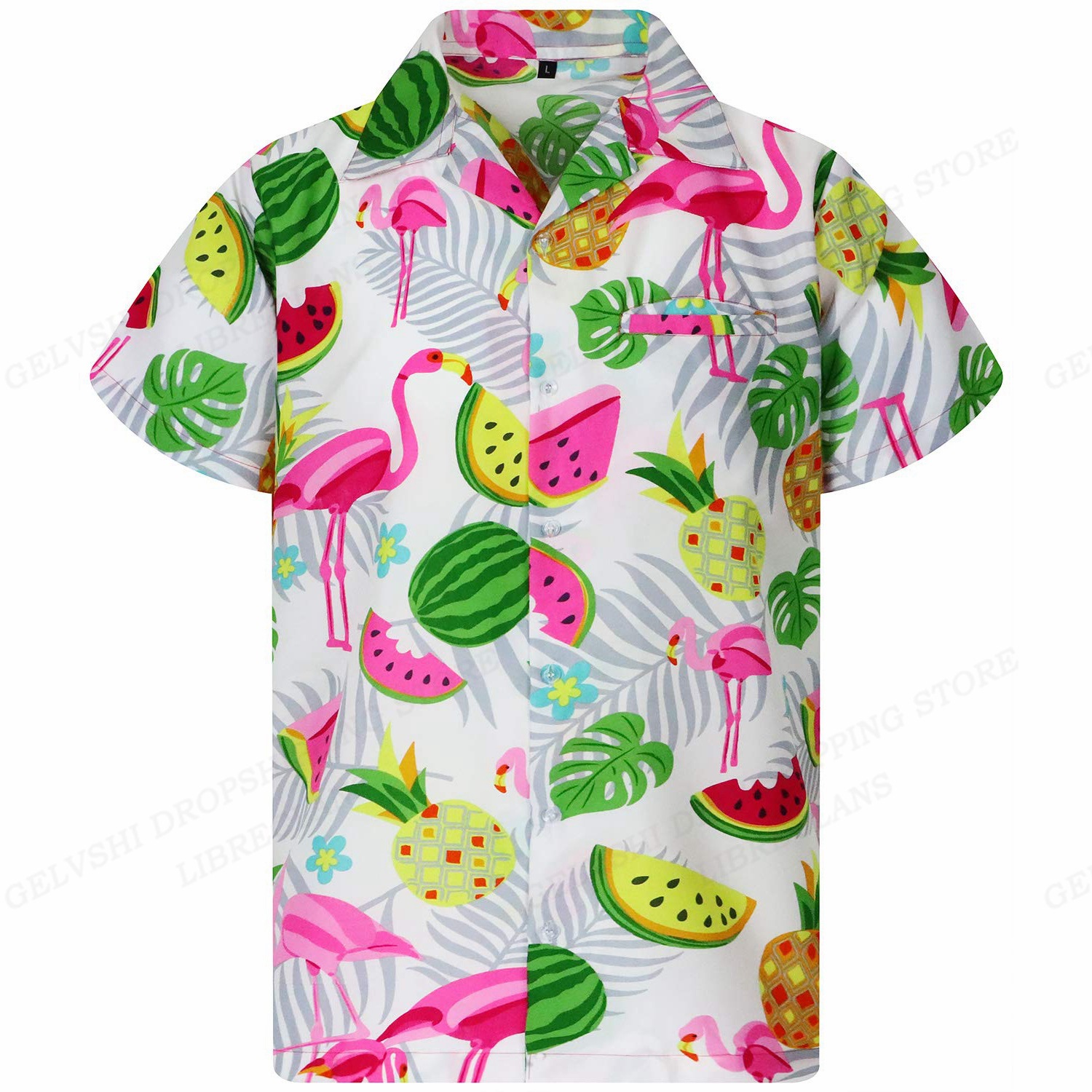 Moda y diversión grulla de corona roja color de contraste fruta estampado 3D hombre verano playa vacaciones suelta camisa hawaiana