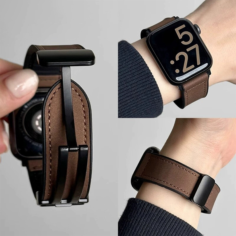 Suitable for Apple iWatch Strap Huawei Gt7 Xiaomi 9Pro Silicone Leather Crazy Horse Pattern Fit5 Magnetic Buckle S11