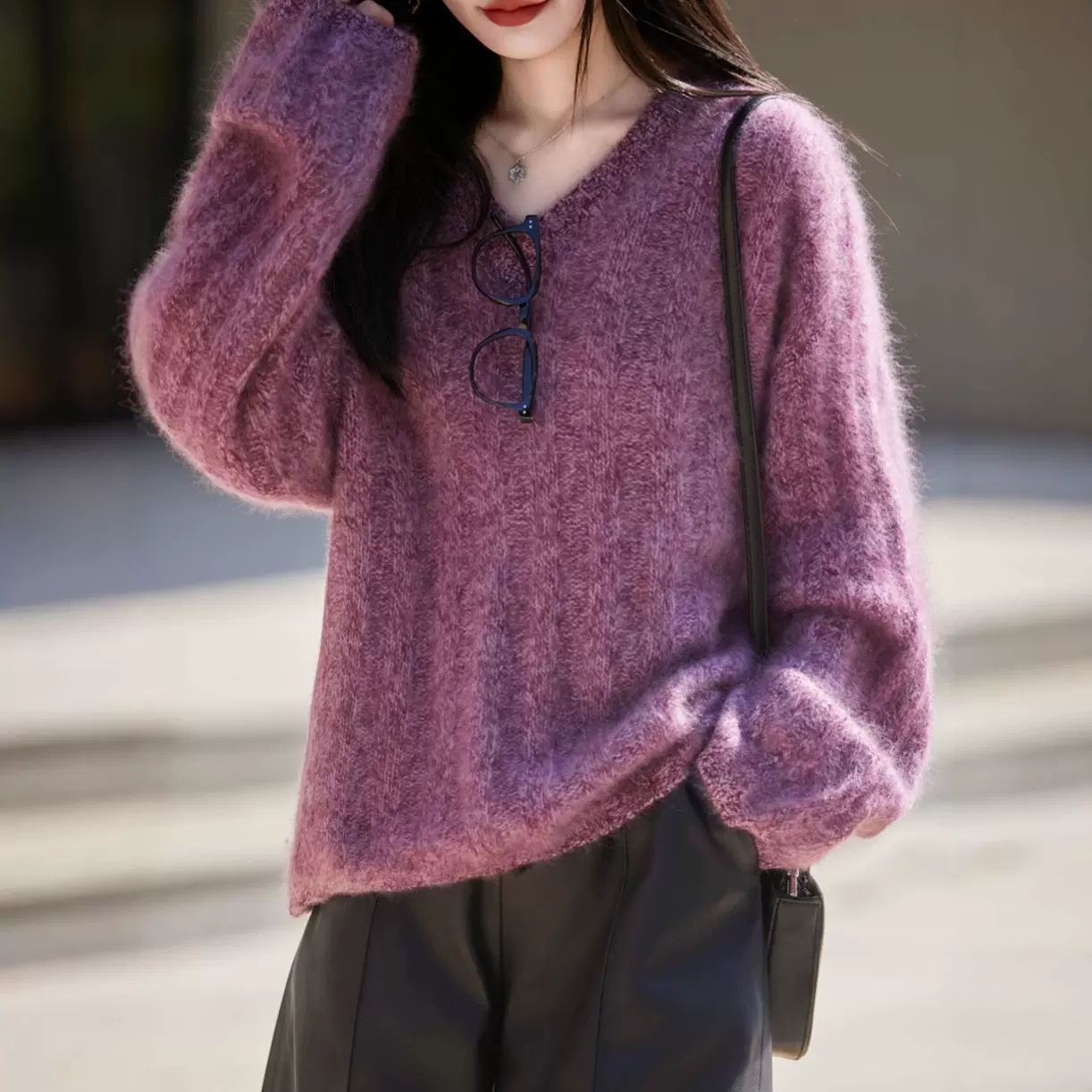 新复古花纱V领套头针织毛衫糯软毛衣拉毛羊绒羊毛衫女慵懒风宽松