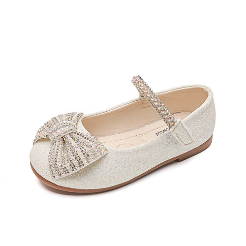 Princess Soft Sole Shoes for Girls 2024 Spring and Autumn New Children's Crystal Shoes Soft Sole with Bow and Water Diamond Baby Leather Shoes