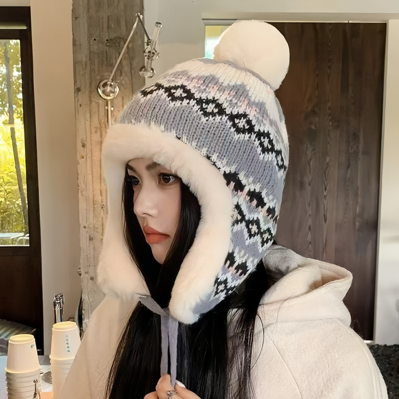 毛线民族风帽秋冬季女护耳毛绒包头套头帽骑车防风加绒保暖针织帽|undefined