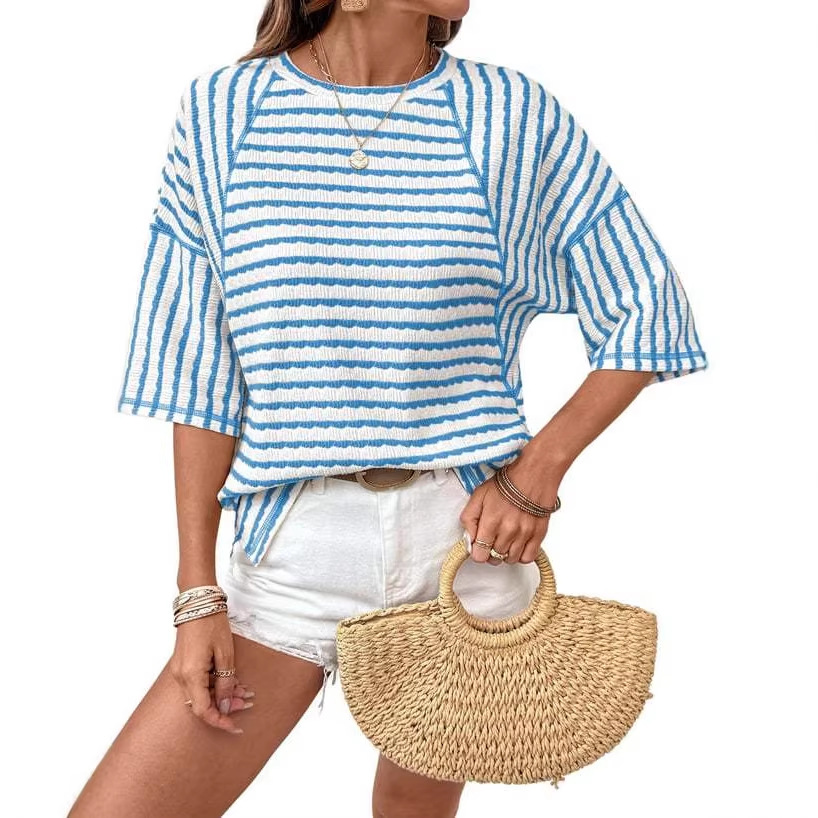 Women's Casual Striped Short Sleeve T-Shirt - Relaxed Fit, Round Neck, Color Block Design, Breathable Polyester Fabric_voghion.com