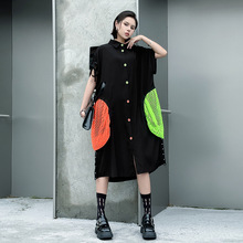 日系暗黑风拼接撞色网格短袖连衣裙2025夏季新款显瘦个性时尚长裙