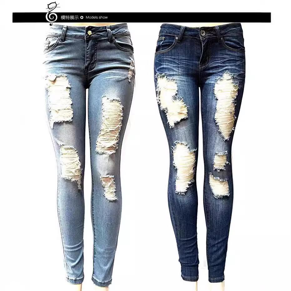 跨境速卖通亚马逊新款爆款欧美女中腰磨破长裤破洞牛仔裤