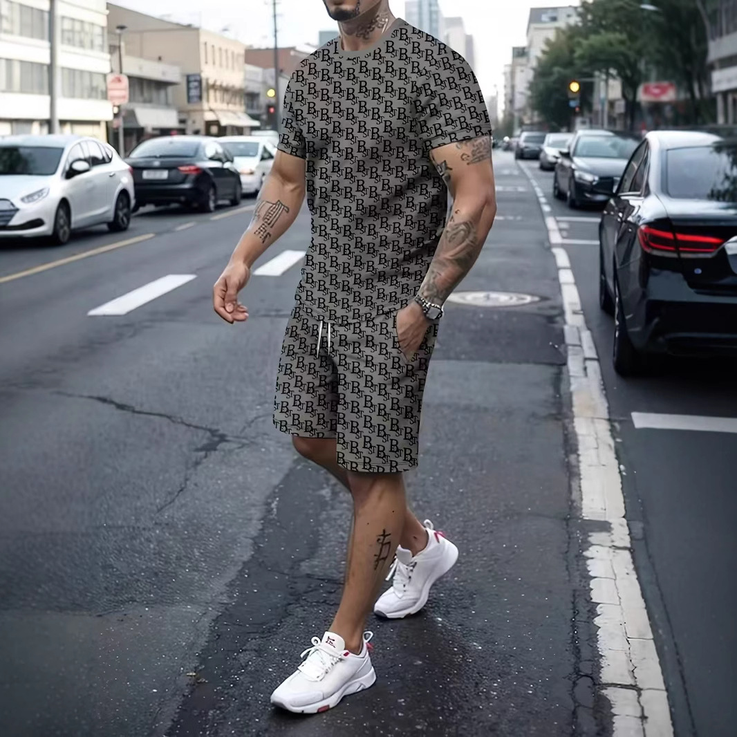 Men's Casual Sports Shorts Trendy Summer Print Suit Short Sleeved Shirt Streetwear Fashion Male Model Clothes_viptrois.com