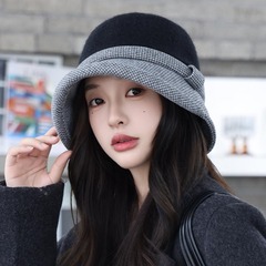 新款时尚百搭翘檐盆帽女士复古气质百搭千鸟格渔夫帽秋冬季保暖帽