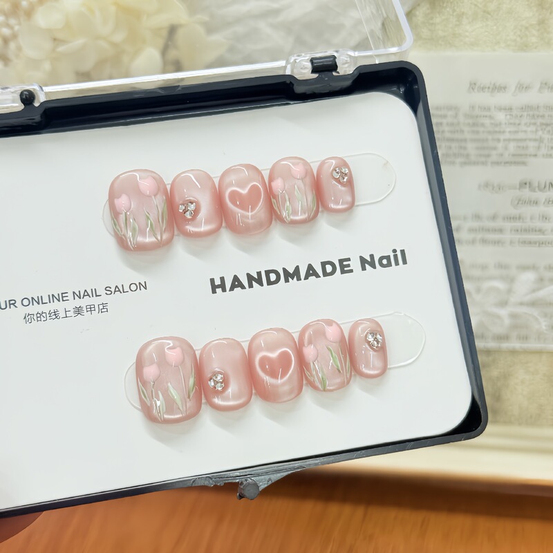Yujian Wai Feng Pure Handmade Wearable Nails, Spring Style, Elegant and Complexion-Enhancing, Pure Hand-Painted Heart Flowers, Fake Nails, Nail Stickers