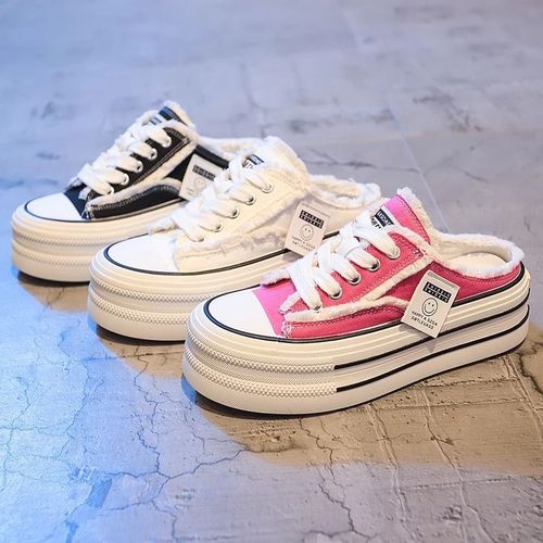 Women's Summer Outwear 2025 New Lace-Up Slides with Canvas Top, Half Slipper Style, No Back, Thick Sole, White Fabric Slippers