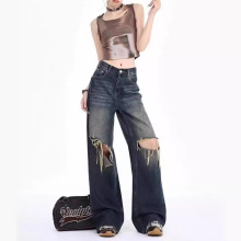 美式破洞街头复古牛仔裤女春秋毛边拖地长裤宽松设计感辣妹阔腿裤